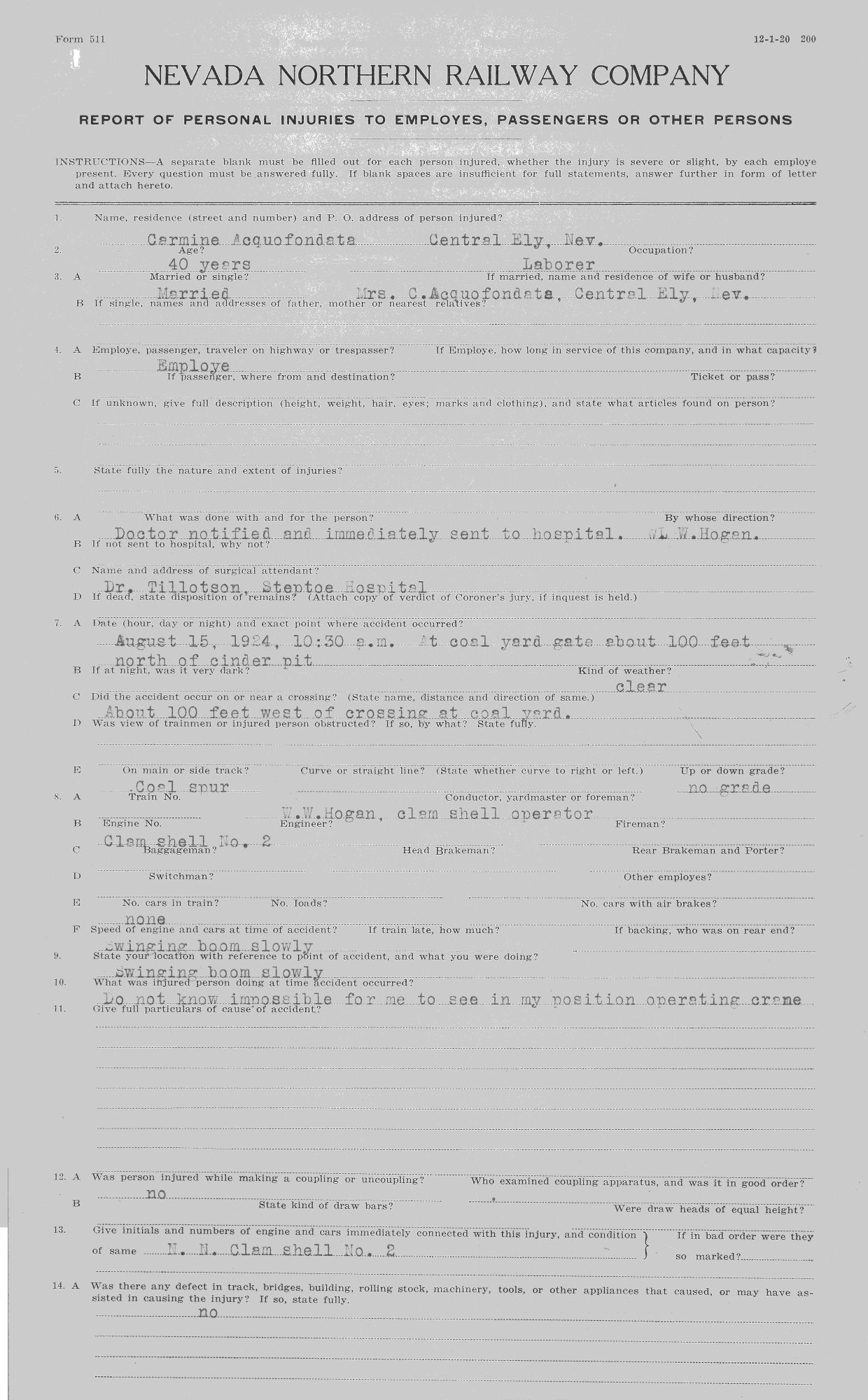 Accident Report by W.W. Hogan pg1