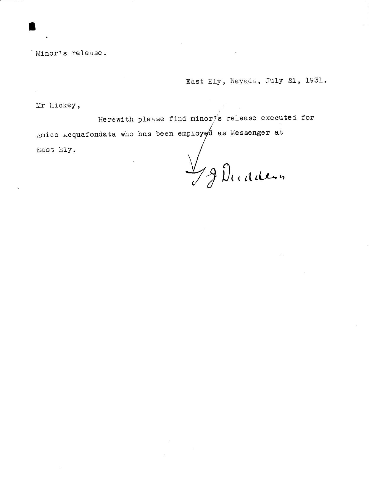 Hiring of Mike Fondi in 1931 from Duddleson