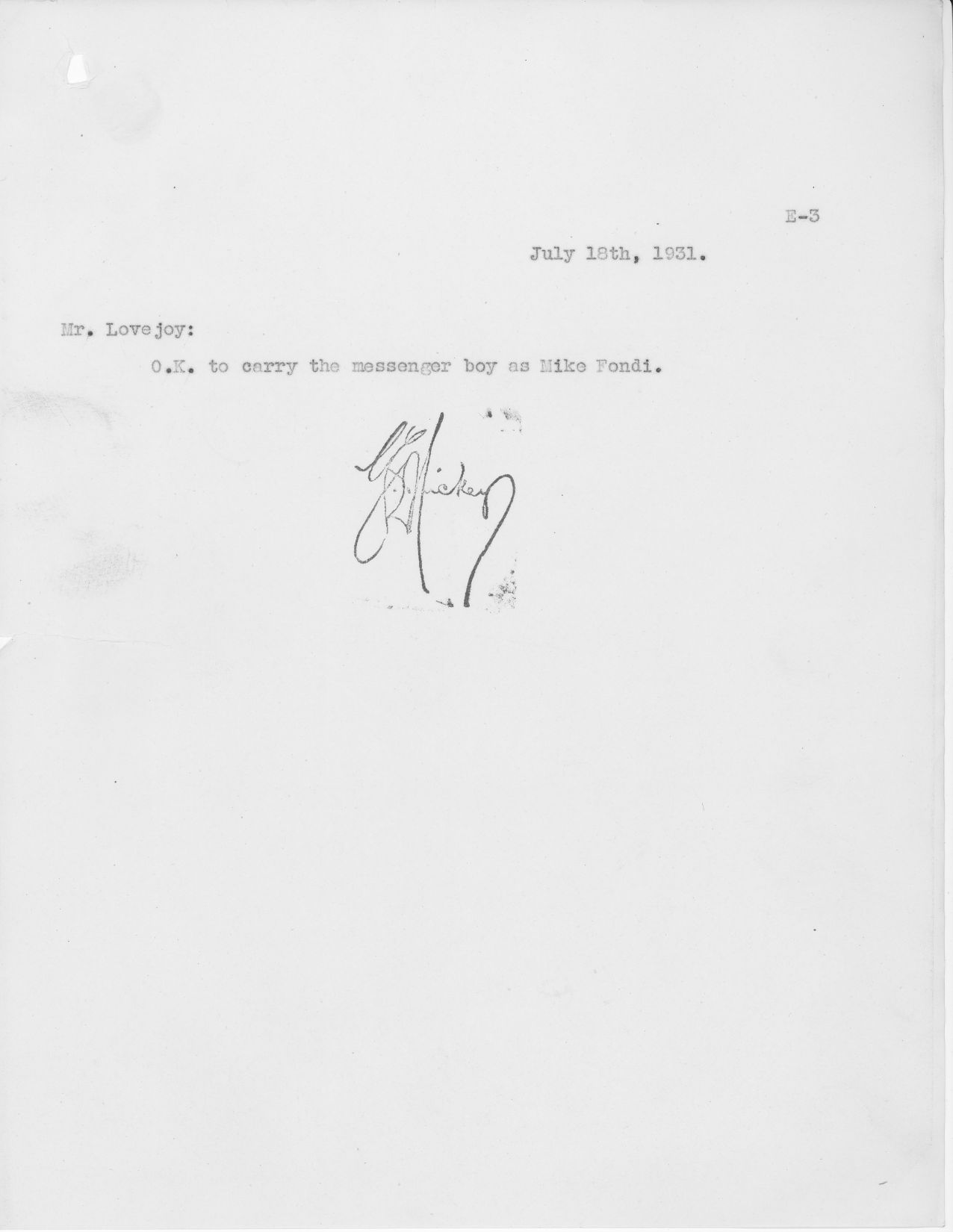 Hiring of Mike Fondi in 1931